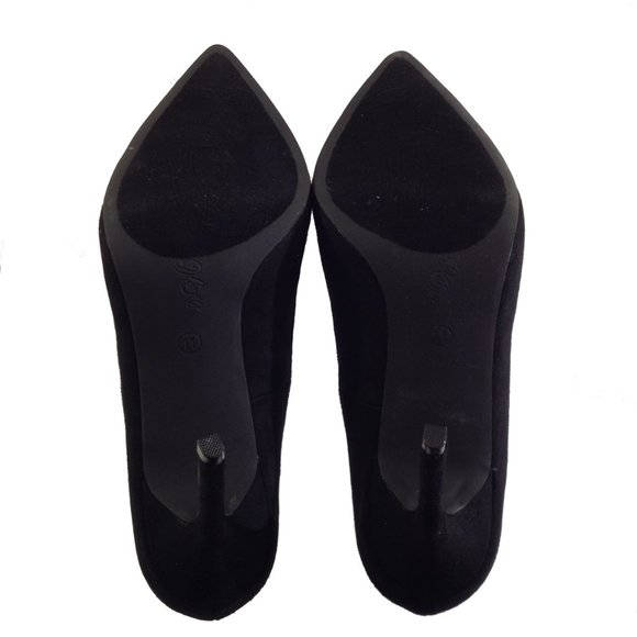 Penny Loves Kenny Manner Vegan Suede Pom Pointed Toe Pump Heels Black 10 Wide - Picture 7 of 8